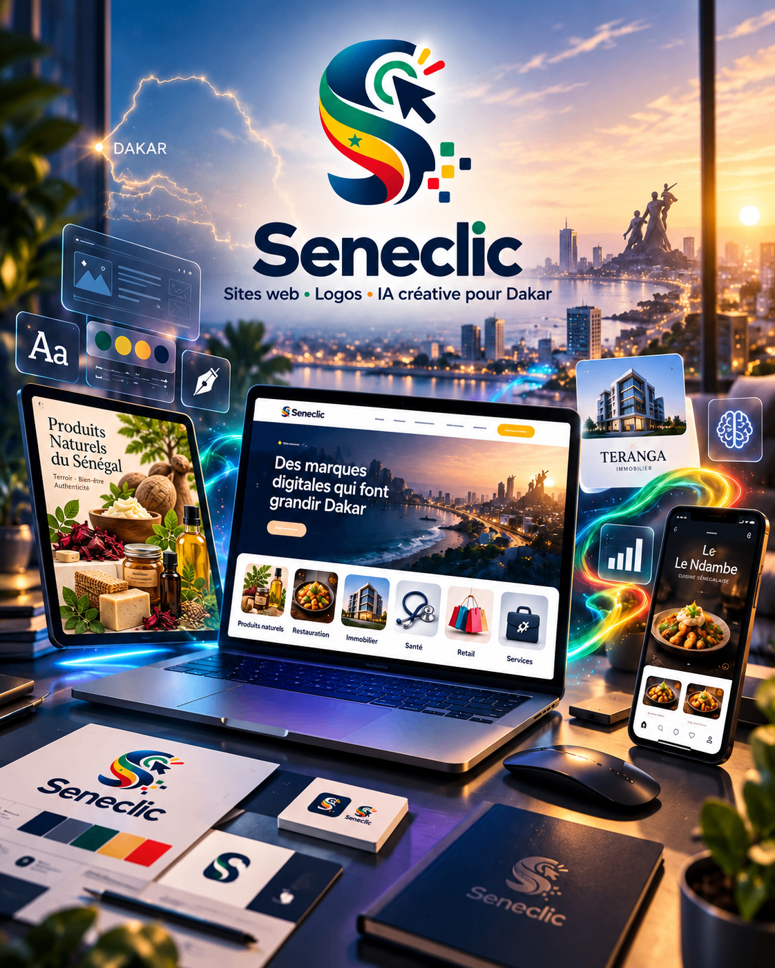 Ordinateur, tablette et téléphone présentant des créations Seneclic : site vitrine, boutique de produits naturels et application de cuisine sénégalaise, avec le logo Seneclic et une vue de Dakar au coucher du soleil.