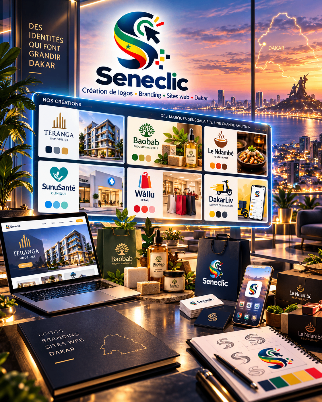 Présentation des créations Seneclic : identité visuelle, site web et supports imprimés pour des entreprises de Dakar, sur ordinateur, téléphone et objets.
