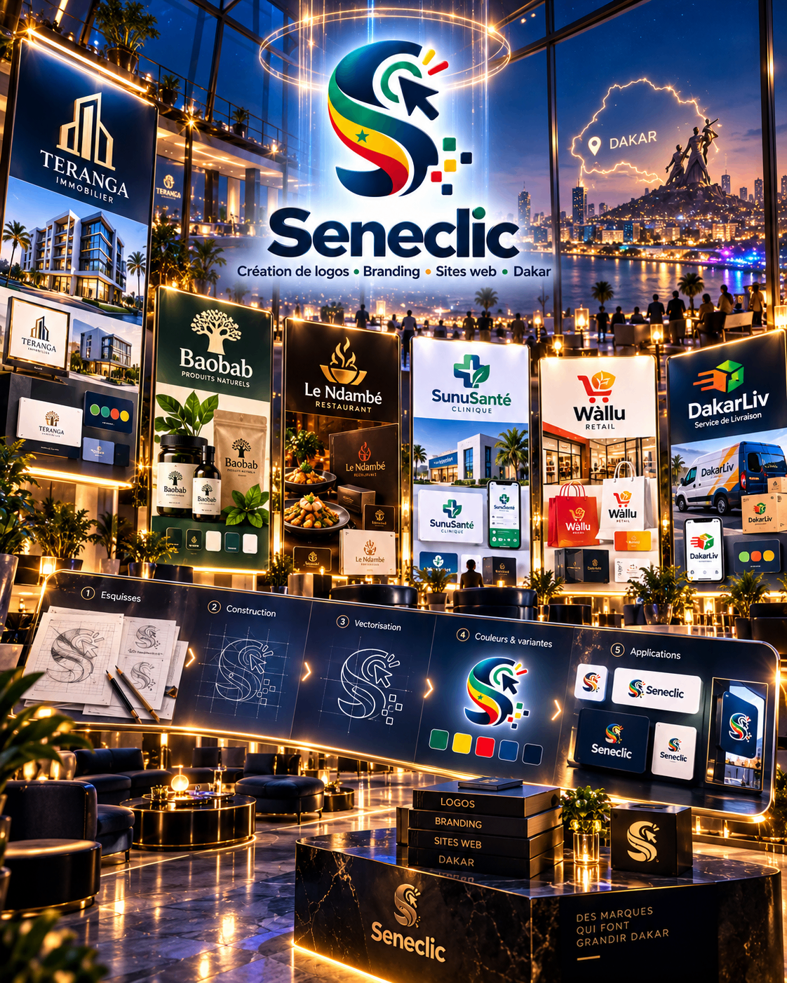 Atelier Seneclic : le logo en trois dimensions, six univers de marques sénégalaises sur des panneaux lumineux, et les cinq étapes de création d'un logo, du croquis à l'application.